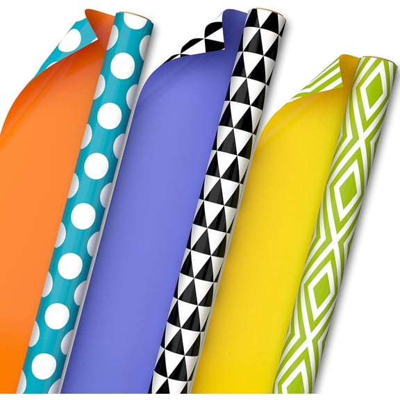 Modern Wrapping Paper Rolls for Birthday, Graduation, Christmas, Gift Wrap Paper (Set of 3 Reversible Rolls: 75 sq. ft. ttl.) Black, White, Blue, Orange, Yellow & Green for All Occasions