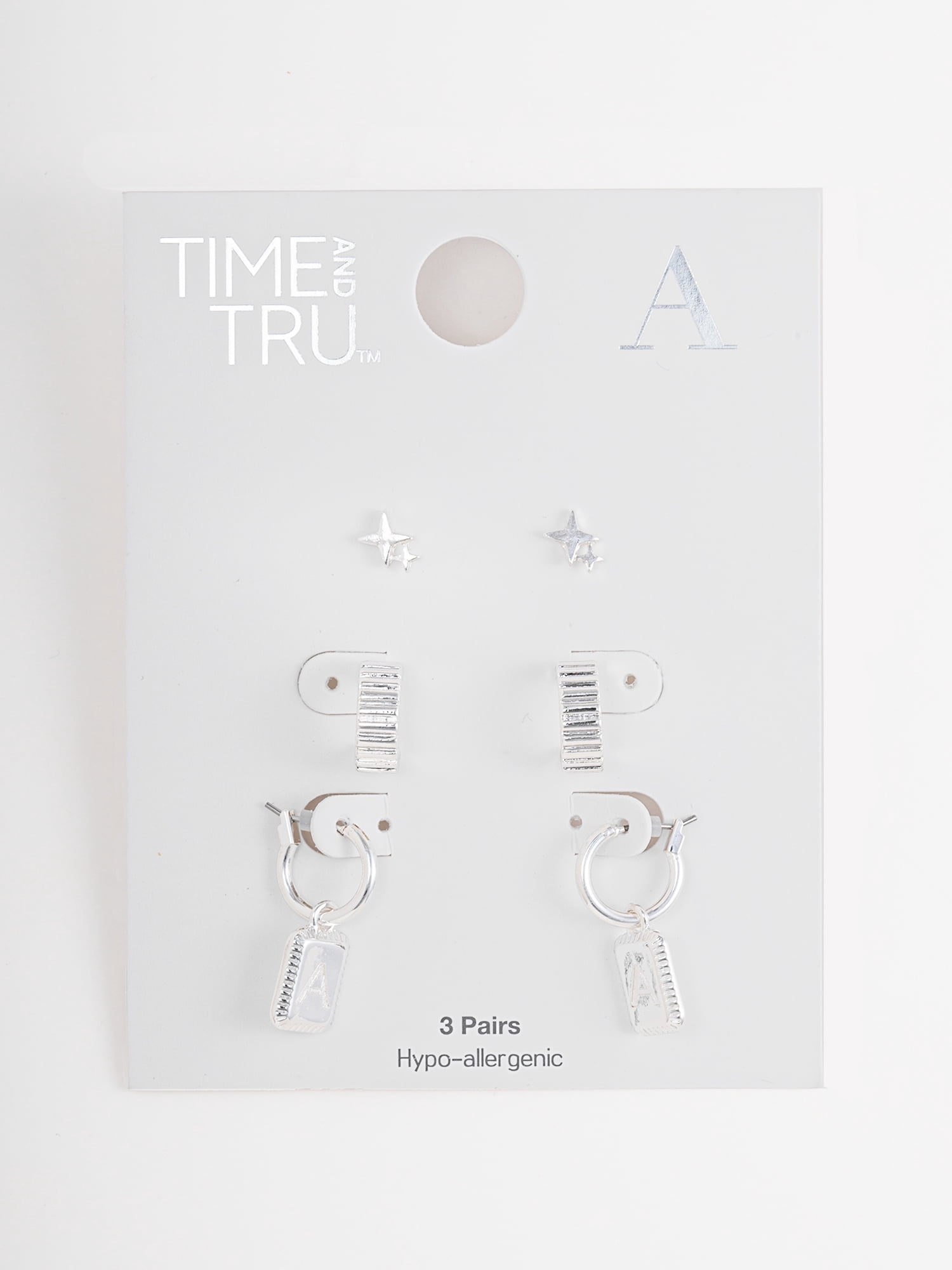 Time and Tru Women's Silvertone Multi Earring Set, 3 Pairs, Initial A