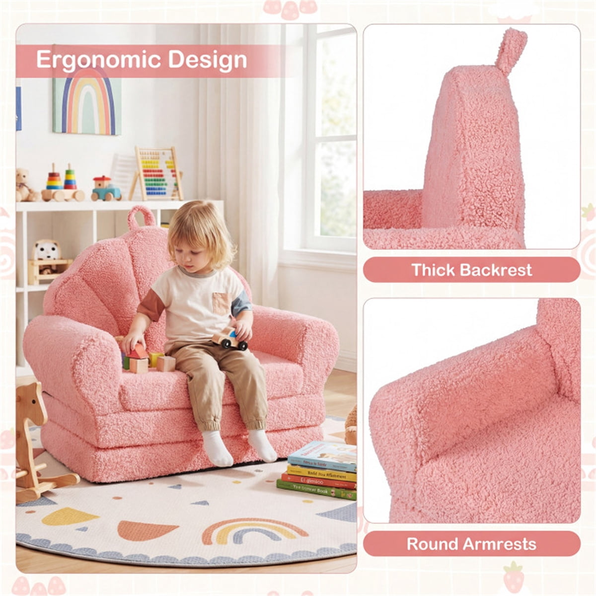 2-in-1 Flip Open Kids Sofa Lounger, Teddy Fleece Toddler Couch with Carry Handle, Converts from Sofa to Lounger, Removable Washable Cover, for Ages 3-8 (Pink)