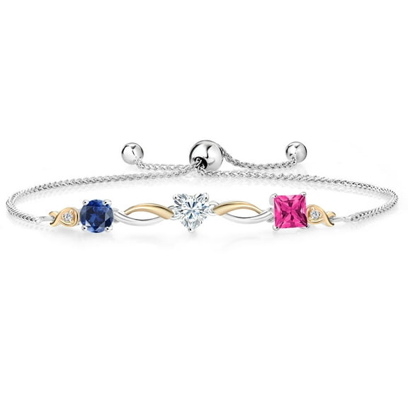 Gem Stone King 925 Silver and 10K Yellow Gold Blue Created Sapphire Moissanite Pink Mystic Topaz and Lab Grown Diamond Tennis Bracelet for Women By Keren Hanan (2.20 cttw, Adjustable up To 9 inch)