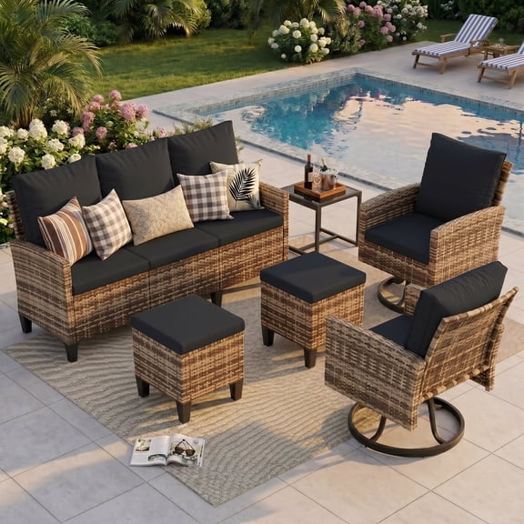 UDPATIO 6 Pieces Outdoor Conversation Set, All-Weather Wicker Rattan Outdoor Sectional Sofa Set with Ottoman and Swivel Chairs for Poolside, Backyard,Yellow Brown Wicker Black Cushions