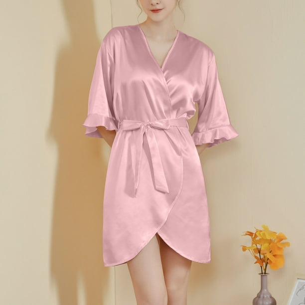 Batas para mujer, con mangas de hojas, estilo corto, sensación fresca, con cinturón, para usar en casa, camisón, batas para mujer