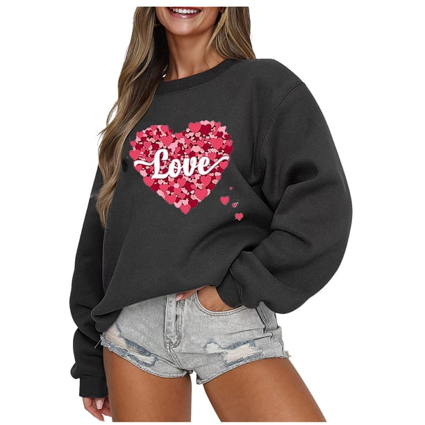 Gibobby Sudadera sin capucha y ocio Sudadera del día de San Valentín Camisas de corazón de amor para mujer de San Valentín Tops de manga larga (3)(Gris, S)