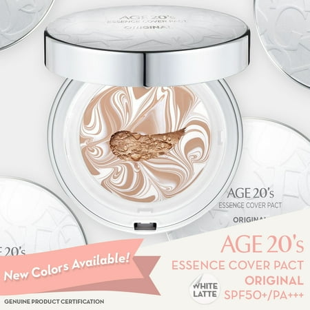 Makeup Refill - Age 20's Compact Foundation Premium Makeup, Case + 1 Refill - Pink Latte Essence Cover Pact SPF50+ (Made in Korea) - White/Nude Beige (Color 21)
