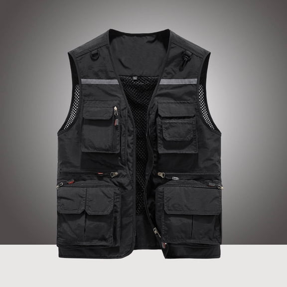 LEKWK Mens Utility Vest Sleeveless Multi Pocket Fishing Vest Lightweight Mesh Lined Outdoor Work Travel Photography Safari Casual Tops Shirts Black L
