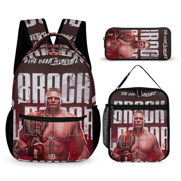 3-PieceW-W-E Brock Lesnar Large Capacity Anime Backpack with Lunch Bag & Pen Case | Casual Schoolbag for Travel, Outdoor, Fashion Daypack