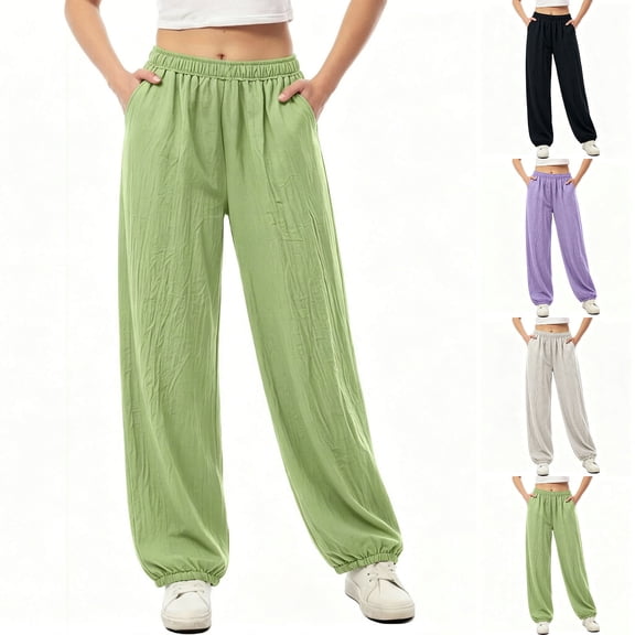 VBVC Women's Cotton Linen Wide Leg Jogger Pants, Elastic Waist Lounge Trousers For Women, Ladies' Lightweight Soft Casual Pants with Pockets, Beige , M-3XL