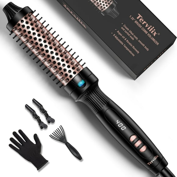 Terviiix Brosse Thermique de 1,25 Po, Brosse Volumisante Ionique en Tourmaline Céramique à Chauffage Rapide, Brosse Ronde Chauffante pour Volumiser et Boucles Souples, Tige de Bouclage à Affichage Numérique à 9 Températures, Double Tension