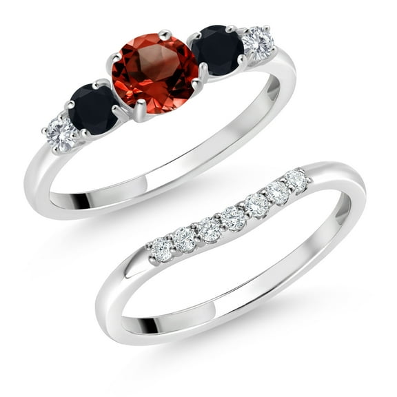 Gem Stone King 10K White Gold Red Garnet Black Onyx and White Lab Grown Diamond 5 Stone Bridal Engagement Wedding Ring Set for Women (1.31 Cttw, Round: 5MM and 3MM, Size 8)