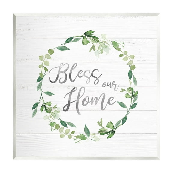 Stupell Industries Bless Our Home Farmhouse Leaves Wreath Calligraphy Graphic Art Unframed Art Print Wall Art, Design by Carol Robinson