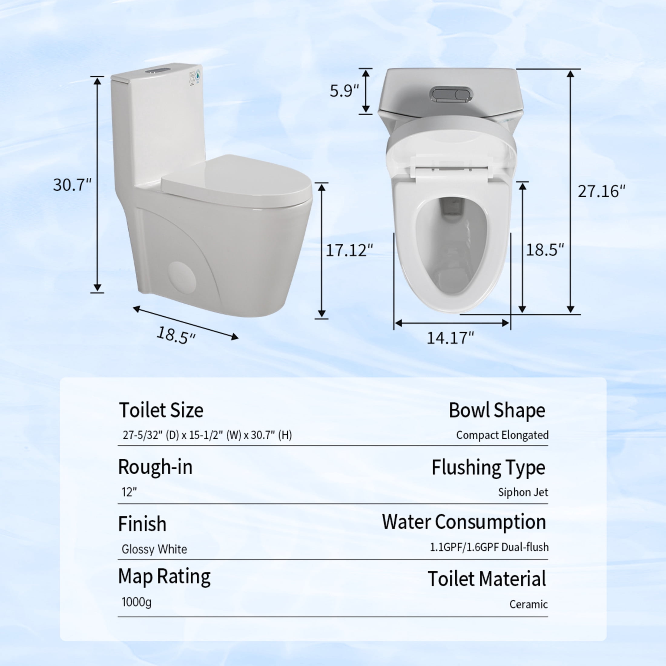 Noble House One-Piece Toilet, Elongated Comfort Bathroom Toilet with Soft-Closing Seat, Dual-Flush Siphon Jet, White