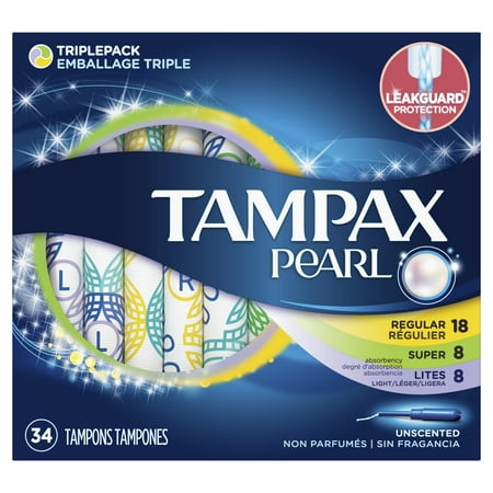 Tampax Pearl Plastic Tampons Triple Pack with Light/Regular/Super Absorbency, Unscented, 34 Count