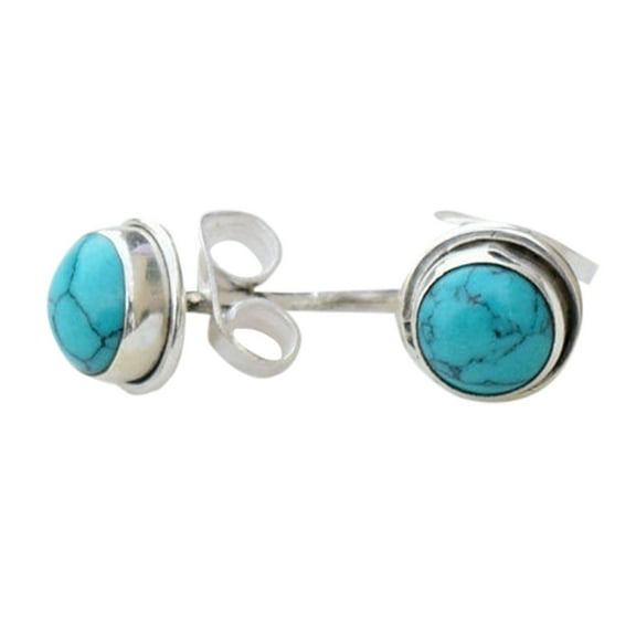 Retro Turquoise Stone Stud Earrings for Women Trendy 8mm Round Gemstone Silver Ear Studs Earrings Jewelry Birthday Gift