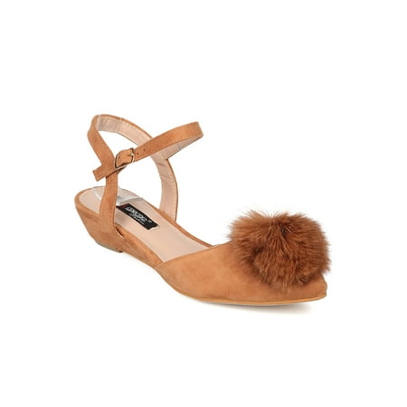

New Women DbDk Bunny-3 Mixed Media Pom Pom d Orsay Low Wedge Sandal