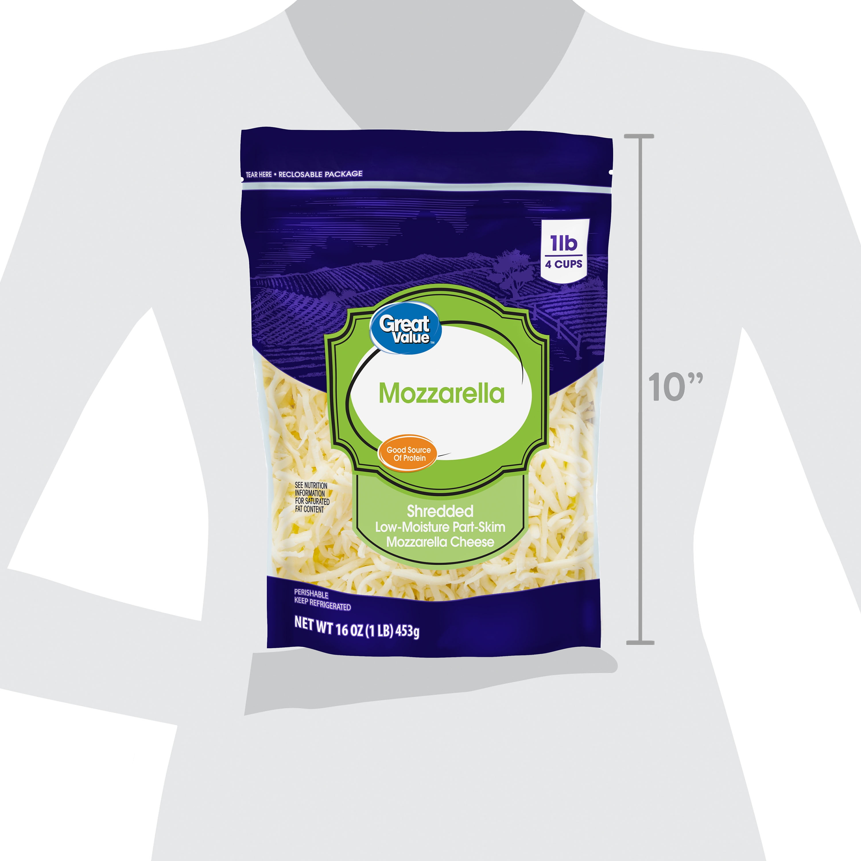 Great Value Low-Moisture Part-Skim Mozzarella Shredded Cheese, 16 oz Bag