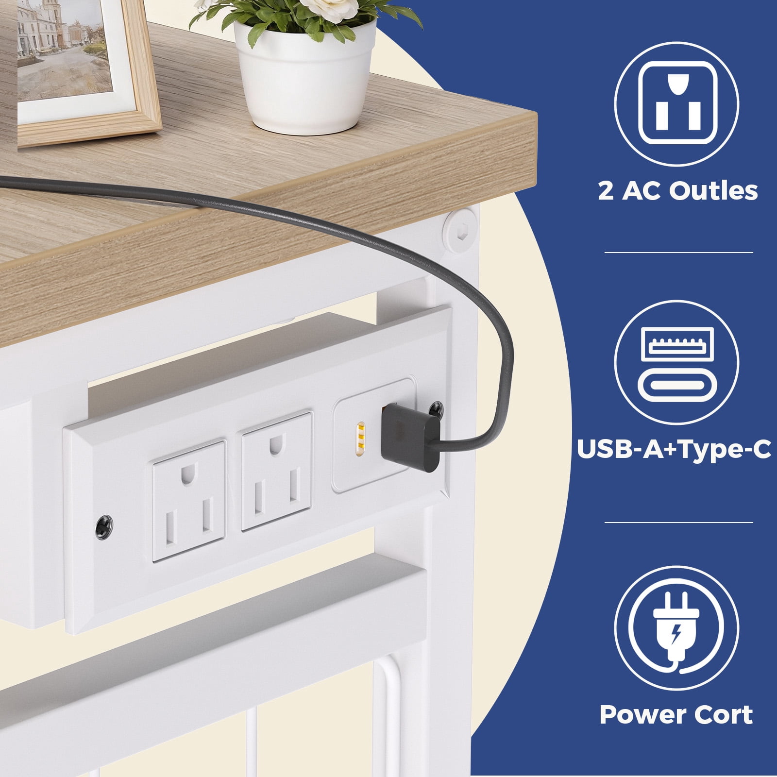 CONCETTA Dresser for Bedroom with Hanging Rack 6 Drawers Dresser, LED Lights & Charging Station, Wooden Top, Grid Panel, Light Gray