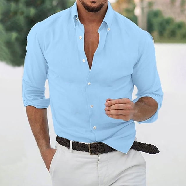 pstuiky Camisas casuales de manga larga para hombre, Camisa de lino de manga larga con botones y botones de color liso para hombre top de hombre m