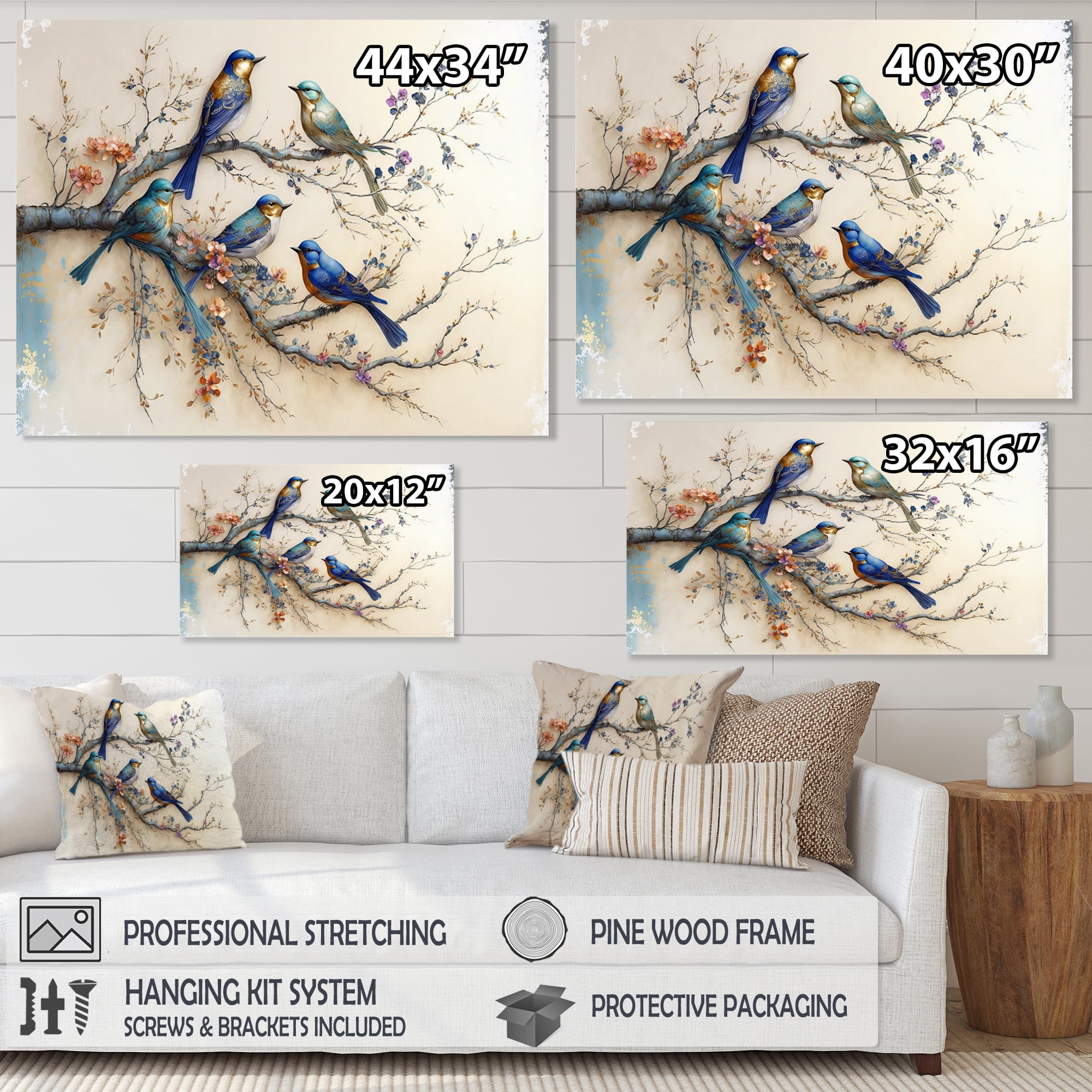 Designart Multicolor Birds On Plum Blossoms Tree X Canvas Wall Art