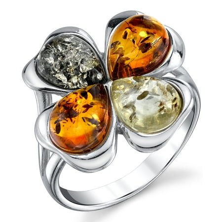 Baltic Honey Amber Ring - Sterling Silver Baltic Amber Multi Color Clover Leaf Ring, Honey Cognac and Olive Colors 5-9