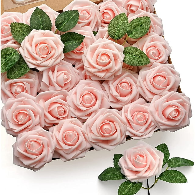 25 rosas artificiales, rosas rosas rubor, espuma de tacto real, rosas falsas a granel con tallo para ramos de boda, centros de mesa, despedida de soltera, fiesta, hogar, bricolaje, decoración de arreglos de flores artificiales Rojo Verde RV011031-00961SDJ