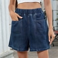 thumbnail image 4 of Women'S Denim Shorts, Elastic Wasit Mid Rise Loose Fit with 2 Front Pockets Deep Blue XXL, 4 of 9