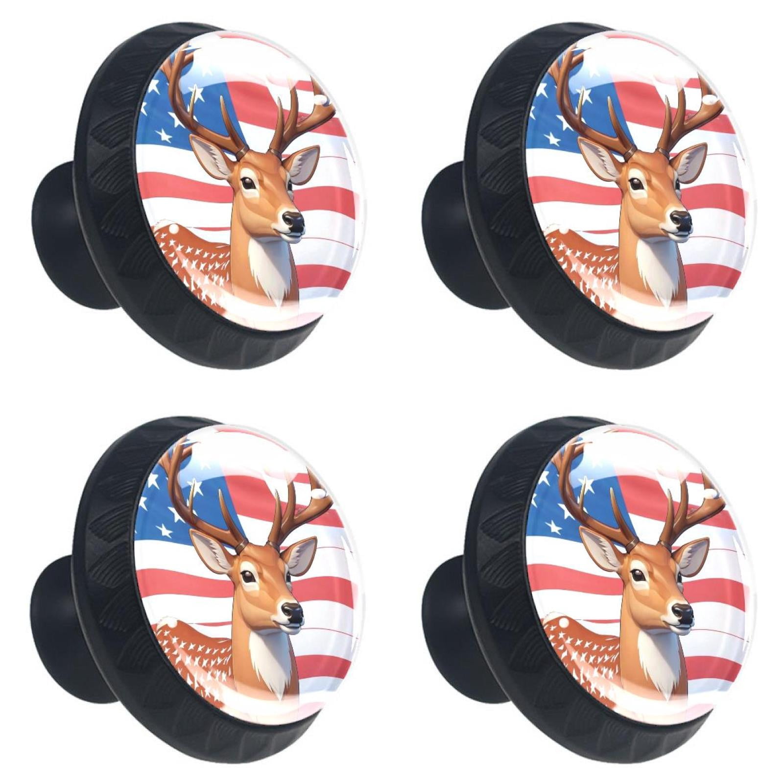 4 Pcs Deer and American Flag Knobs for Kitchen Cabinet Cupboard Dresser Bookcase Drawer Pulls Handles Round Home Decor