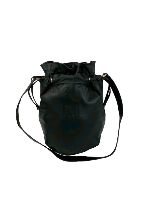 Pre-Owned CELINE Vintage Triomphe Logo Leather Drawstring Semi-One Shoulder Bag Tote Black 34001