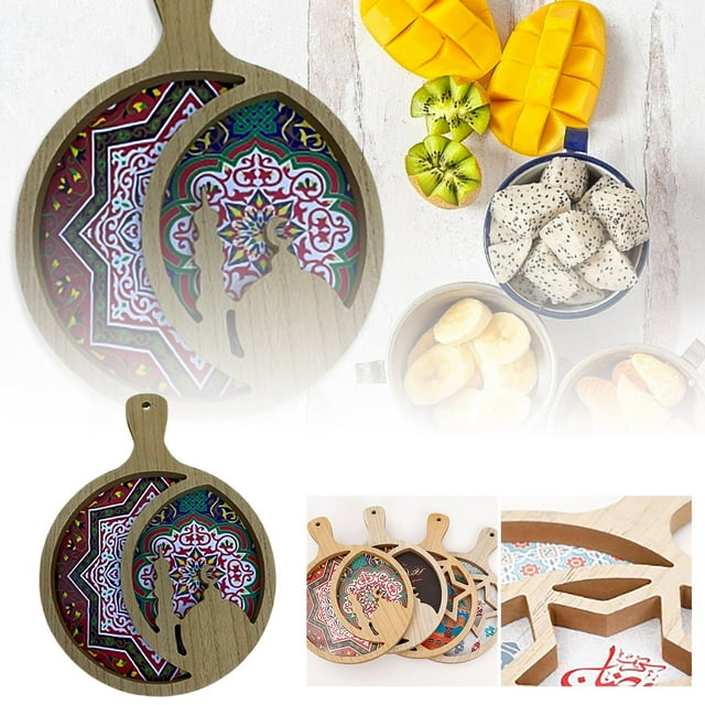 Wooden Decoration Serving Tray for Eid Desserts and Fruit Display with Convenient Handle
