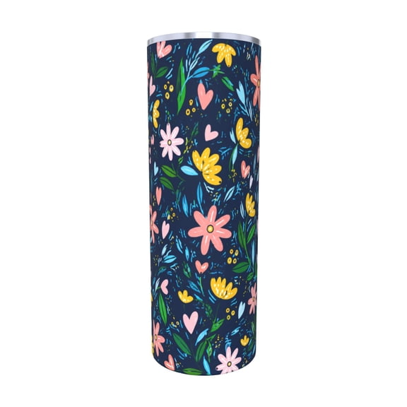 20oz Navy Floral Heart Travel Tumbler with Handle and Straw Lid Colorful Insulated Car Coffee Cup Gift for Women with Straw