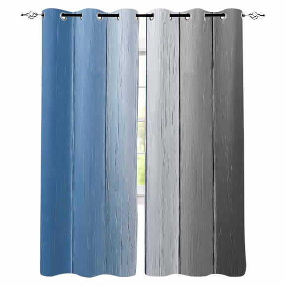 Fsddascl Blue Gray Ombre Blackout Curtains for Bedroom/Living Room, Thermal Insulated Kitchen Curtains, Vintage Country Wooden Grommet Darkening Window Treatment Drapes 52"x84"x2
