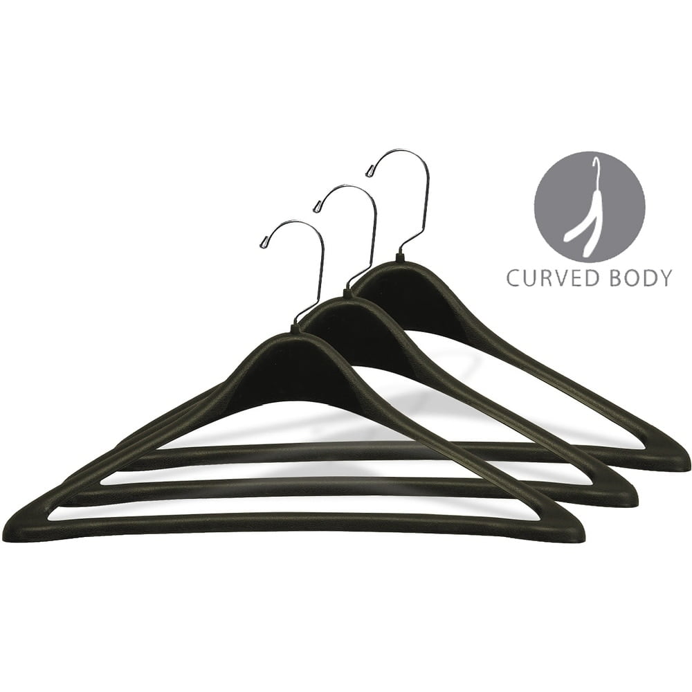 Matte Black Plastic 19 Inch Curved Suit Hanger w/ Fixed Pant Bar, Box of 100 Oversized 1/2 Inch Thick Durable Coat Hangers w/ 360 degree Chrome Swivel Hook for Coat or Jacket, by International Hanger