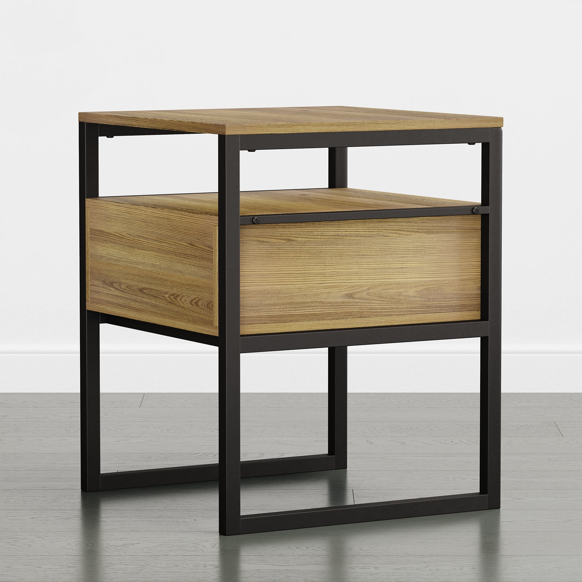 Spruce & Spring Industrial Nightstands Set of 2, End Tables with Metal Frame Base for Bedroom, Natural