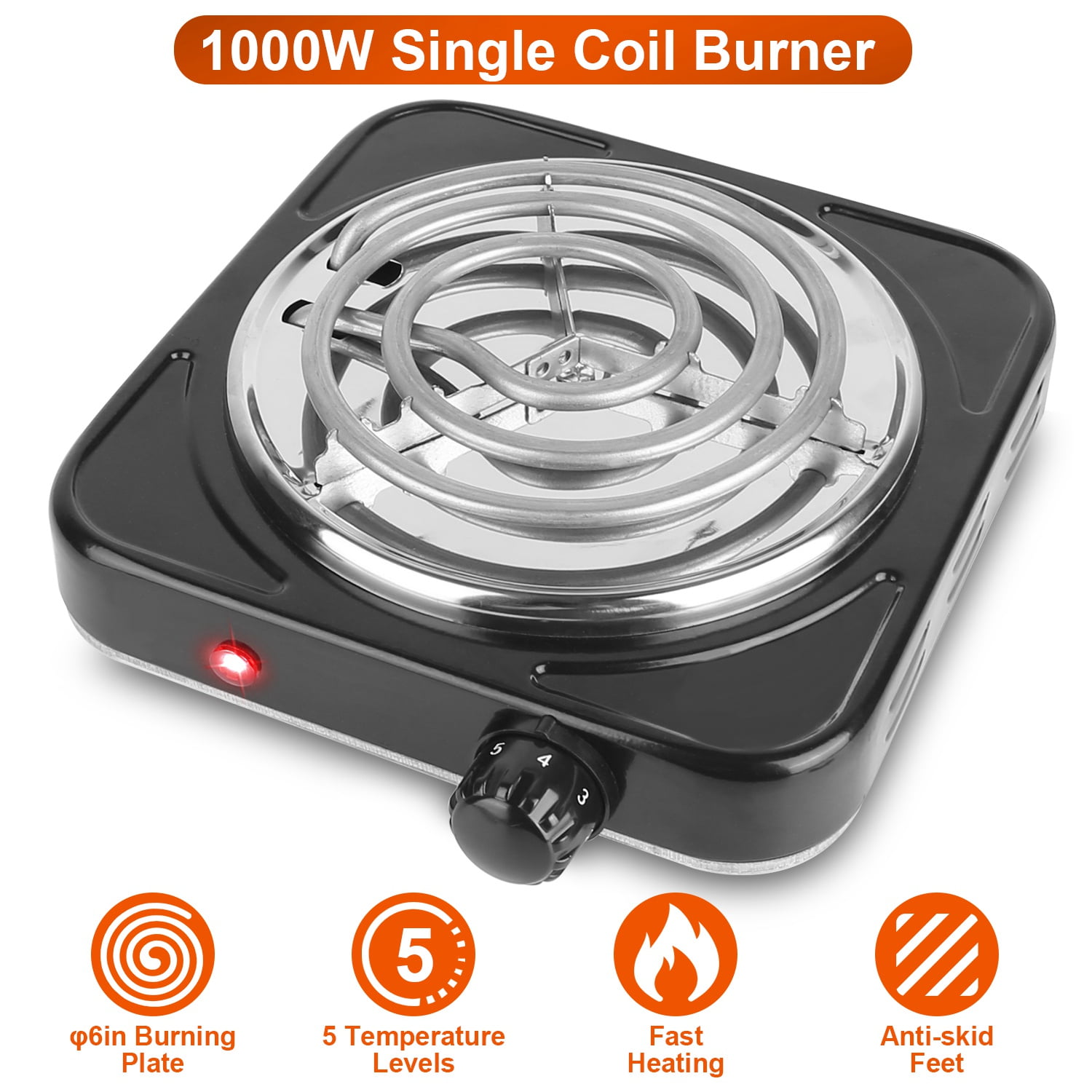 Countertop Single Coiled Burner 1000W Electric Hot Plate 5 Temperature Control Kitchen Cooker Stove with Non Slip Rubber Feet Easy to Clean Black