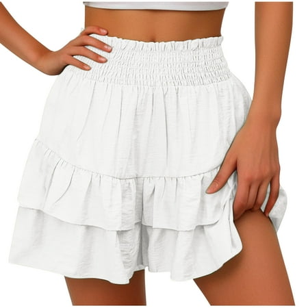 Tmtolofot Women s High Waisted Beach Shorts Sports Running Gym Workout Yoga Shorts Pants Ladies Teen Girl Summer Solid Color Hot Pants Cotton Linen Flower Leggings   1#White   Large