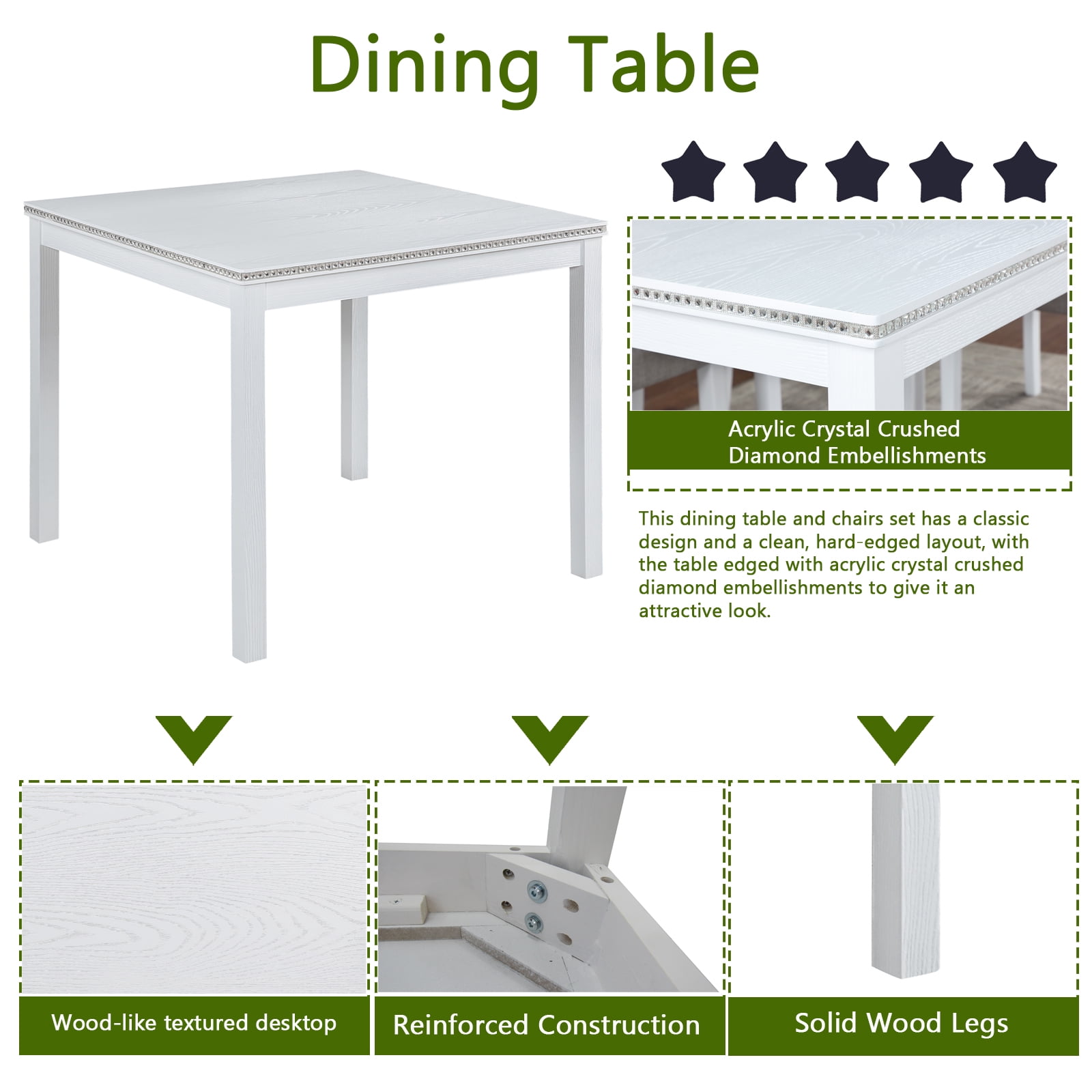 MAYEERTY 5 Piece Wooden Dining Table Set, Kitchen Table Set with a Square Table and 4 Upholstered Chairs, Wooden Dining Room Table with Crystal Decoration Chairs Set,White