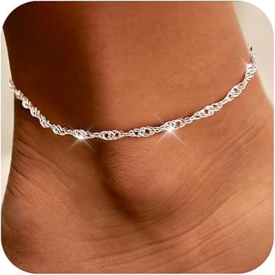 Gold ankle bracelet for women, 14k gold-plated silver ankle bracelet for women, fashionable, cute and exquisite twisted chain, can lower allergic, waterproof ankle bracelet beach jewelry gift - silve