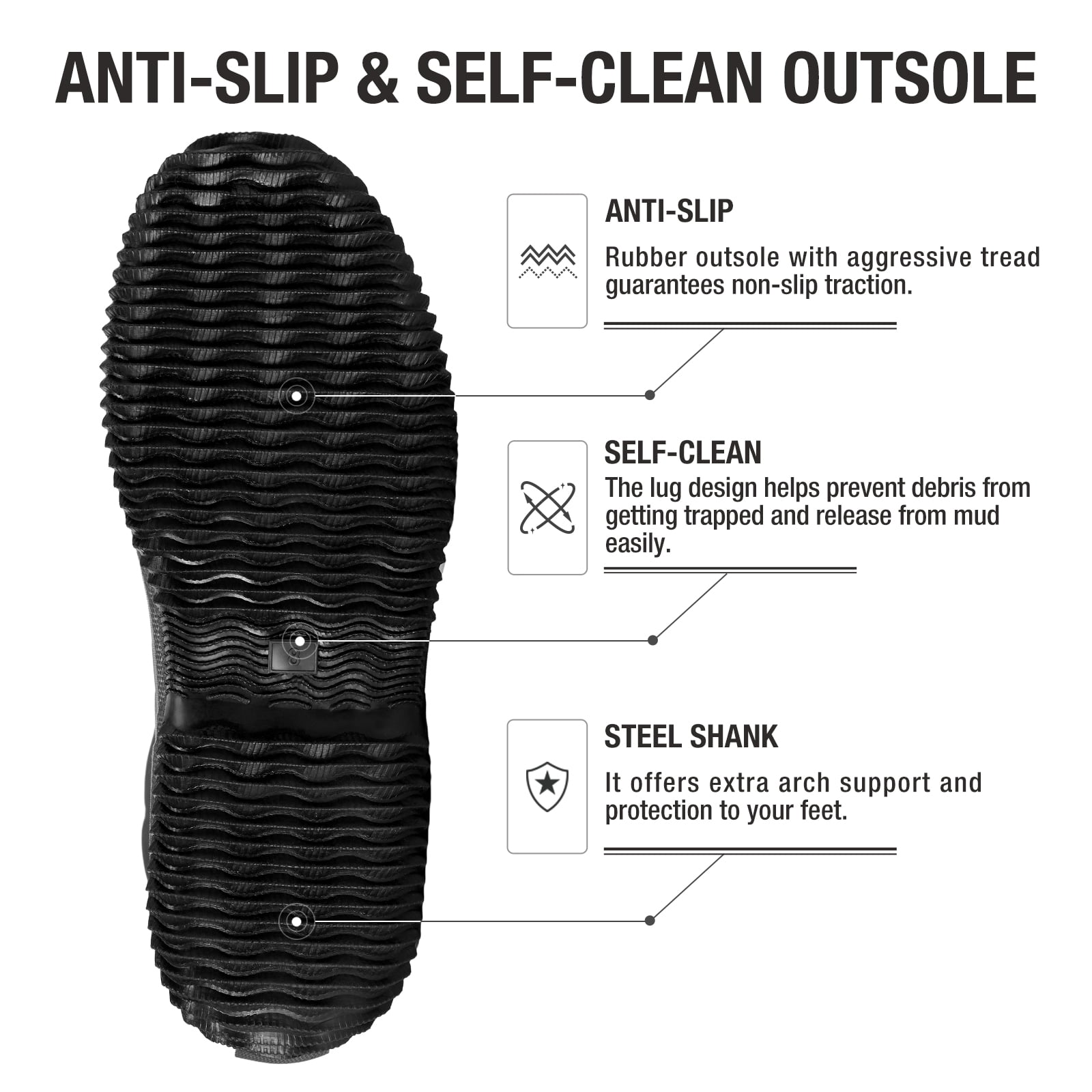 HISEA Men’s Rubber Rain Boots with Adjustable Closure for Men, Black, US Size 9