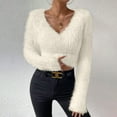 thumbnail image 7 of Felirenzacia Women's Fuzzy Plush Sweatshirt, Fluffy V Neck Long Sleeve Y2K Cropped Pullover Tops, Fall Winter Furry Slim Fit Shirt, S-XL, 7 of 7