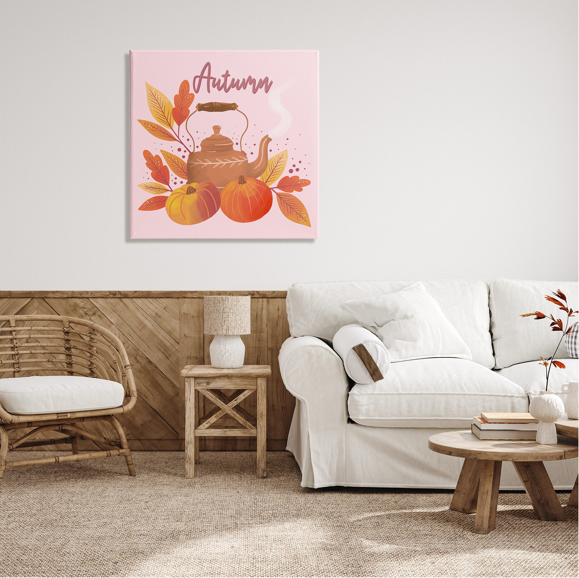 Stupell Industries Warm Autumn Teapot Seasonal Pumpkin Botanicals Graphic Art Gallery Wrapped Canvas Print Wall Art, Design by Dominika Godette