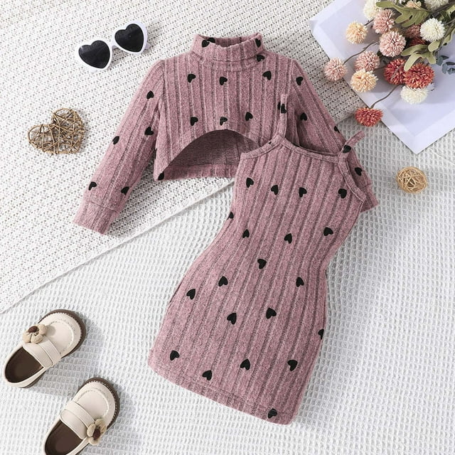 UANWENN Girls Outfits Set Toddler Baby Clothes High Neck Long Sleeve Crop Top With Strappy Dress Casual Playwear For Daily Outdoor Party Spring Fall Winter Items for New Born Baby Girl Toddler Outfit