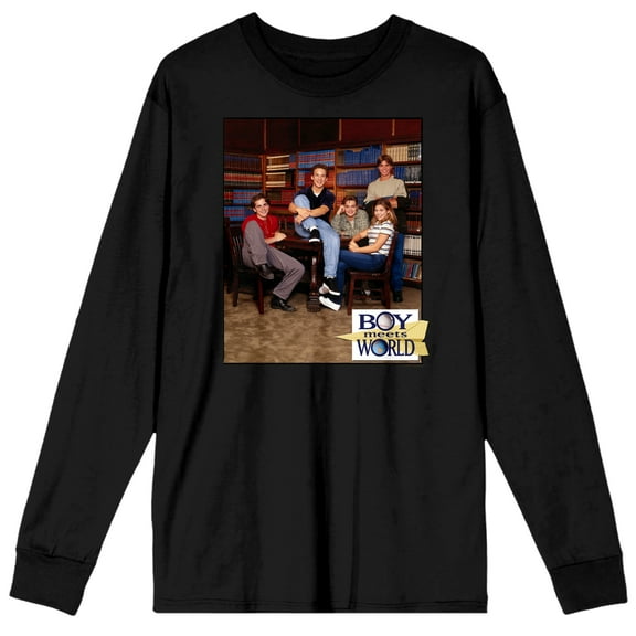 Boy Meets World Topanga, Cory, Shawn, Eric, and Jack in a Library Men's Black Long Sleeve Tee-Medium