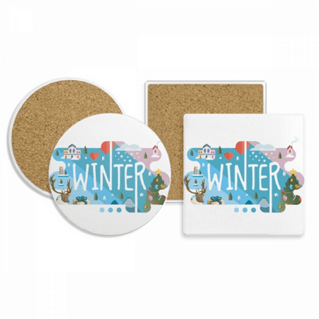 

Winter Season Illustration Coaster Cup Mug Holder Absorbent Stone Cork Base Set