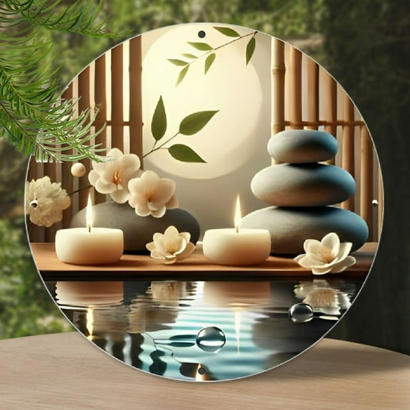 Room Decor 1pc Zen Spa Greenery Design Round Metal Sign, 7.8x7.8 inch Wall Art, Durable Indoor/Outdoor Decorative Plaque with Easy-to-Hang Wreath for Room/Home Aesthetic Decor