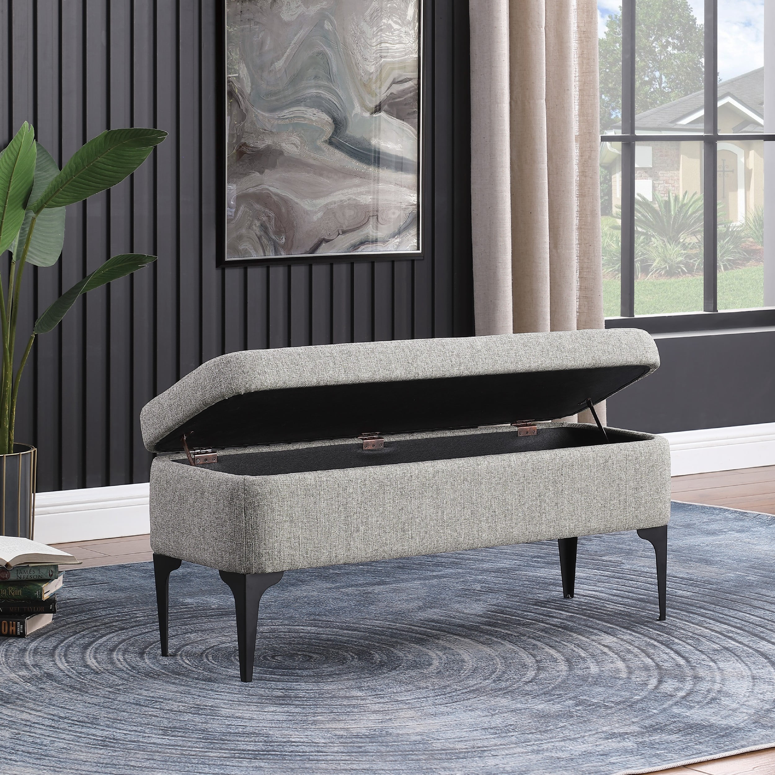 HomePop Large Modern Storage Bench with Metal Legs, 42"W x 14.5"D x 17.5"H, Sustainable Gray