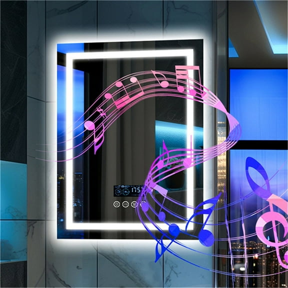 LUVODI 23.62x31.50 inch Rectangle Lighted Bathroom Mirror with Bluetooth Speaker Dimmable Vanity Makeup Wall Mounted Mirrors, Backlit   Front Lit, Memory Function, Anti-Fog, Horizontal/Vertical