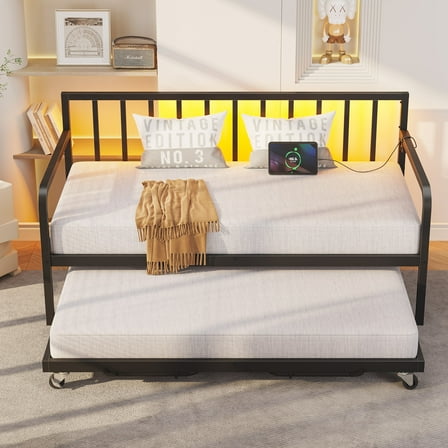 Greenstell Twin DayBed with Charging Station and LED Lights, Metal Twin Daybed with Trundle, No Box Spring Required, Black