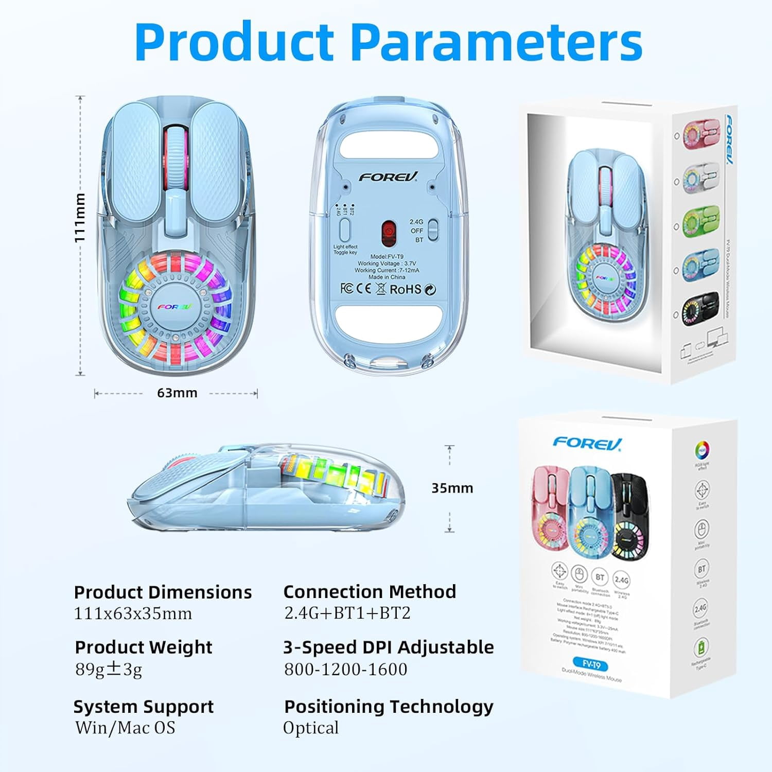 Wireless Bluetooth Mouse, Transparent BT 5.1+2.4G Dual-Mode Mouse with Magnetic Top Cover, RGB Backlit Rechargeable Computer Mouse for Laptop PC MacBook iPad