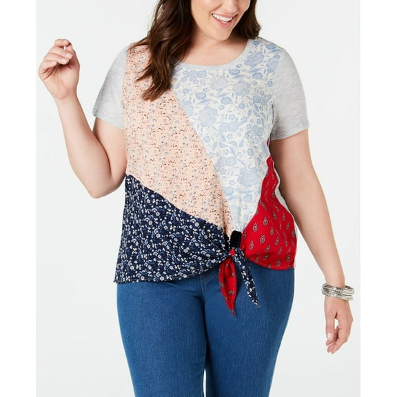 Style & Co. Womens Plus Patchwork Side-Tie T-Shirt, Natural, 3X