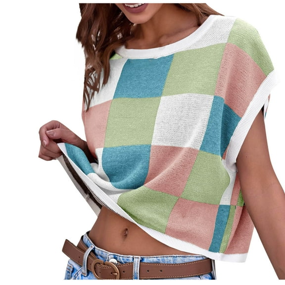 WCMZJ Womens Casual Tops 2025 Spring Crop Tanks Color Block Cap Sleeve Sweater Vest Going Out Loose Knit Trendy Fall Summer Top Blue S