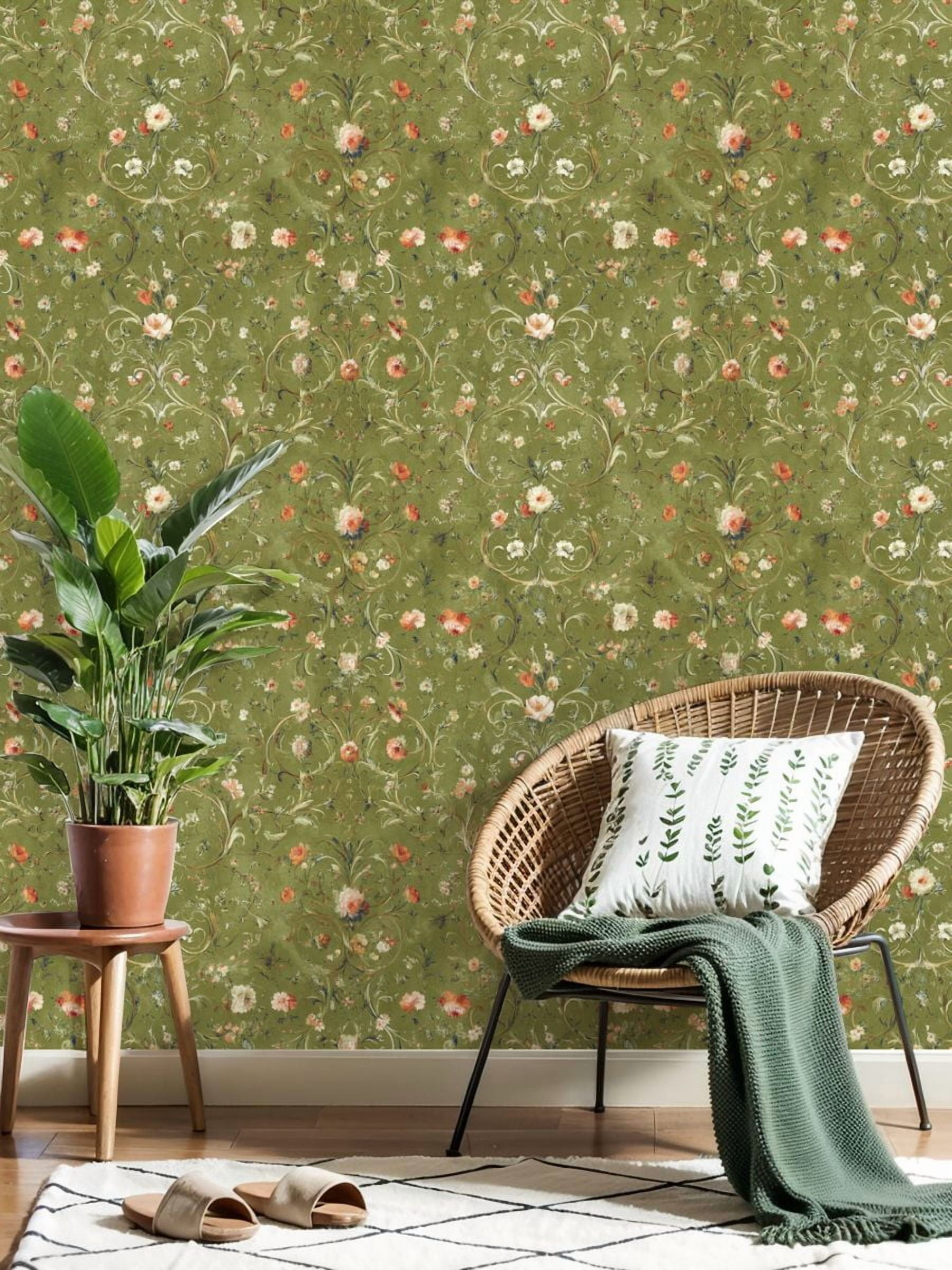 Peel and Stick Wallpaper Vintage Floral Soft Green Delicate Blooms Wall Mural 17.7in x 9.8ft Self Adhesive Removable Wall Paper Renter Friendly Wallpaper for Nursery Bedroom Cabinets